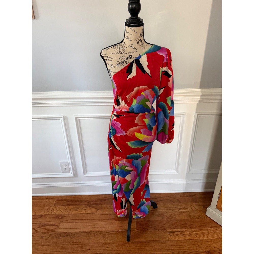 Farm Rio One Shoulder Dress Anthropologie Abstract Floral Midi Slit Size Small - Picture 5 of 14
